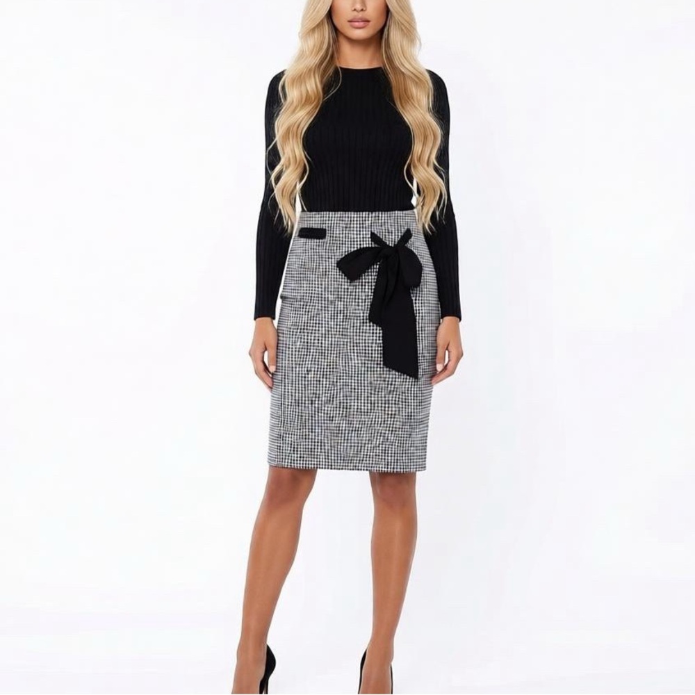 D Studio Black & White Gingham Pencil Skirt • Bow Detail • Cottagecore • size 6